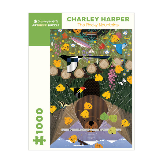 Pomegranate Artpiece Puzzle box featuring Charley Harper's 'The Rocky Mountains' 1000-piece jigsaw puzzle with illustrated wildlife and nature scene