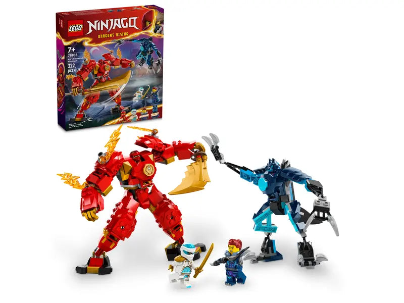 LEGO NINJAGO Kai's Elemental Fire Mech set with red and gold mech figure, blue opponent mech, and two minifigures on plain background