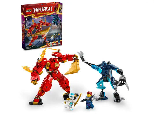 LEGO NINJAGO Kai's Elemental Fire Mech set with red and gold mech figure, blue opponent mech, and two minifigures on plain background