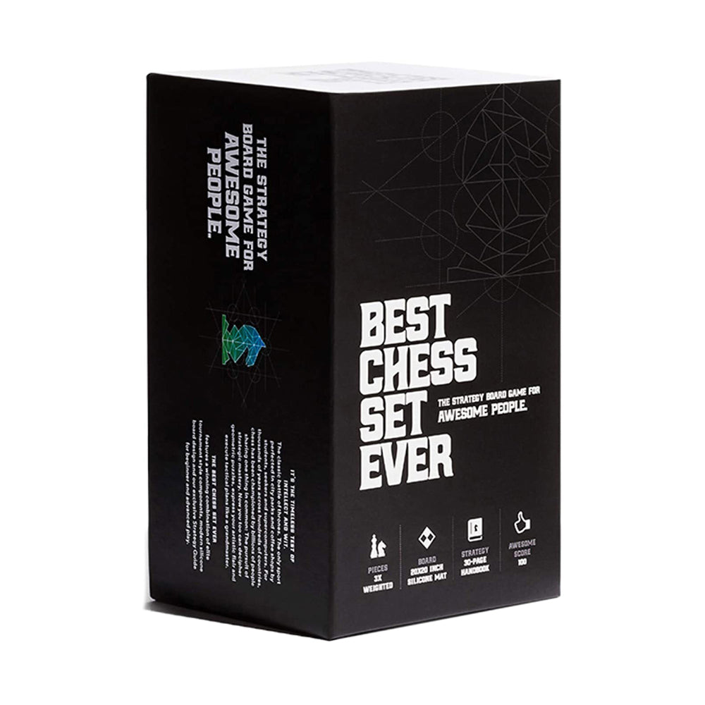 Best Chess Set Ever board game box with black packaging, geometric line design, and white text describing it as a strategy board game for awesome people