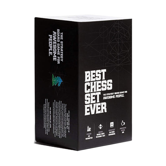 Best Chess Set Ever board game box with black packaging, geometric line design, and white text describing it as a strategy board game for awesome people