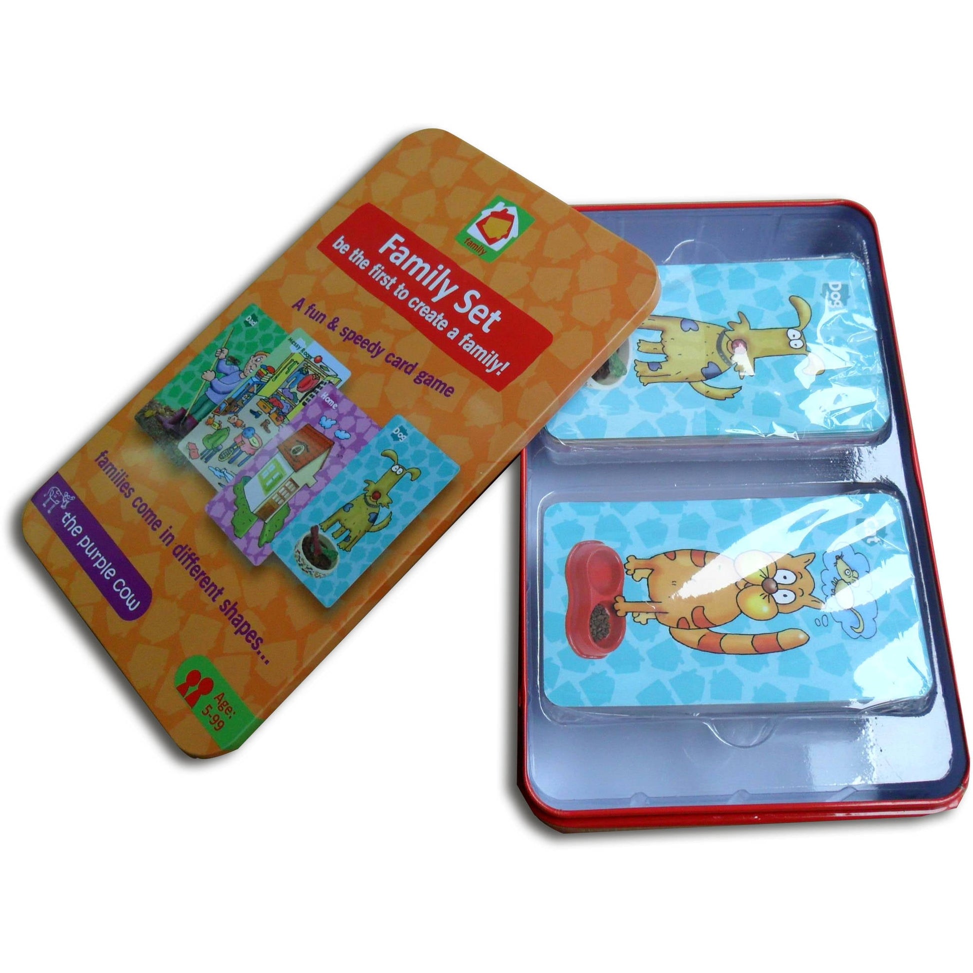 Family card game set with orange tin box and red card holder containing illustrated game cards featuring cartoon characters