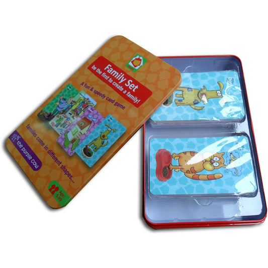 Family card game set with orange tin box and red card holder containing illustrated game cards featuring cartoon characters