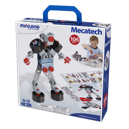 Miniland Mecatech 106-piece building set with gray and red robot figure, instruction guides, and small components in blue-handled box