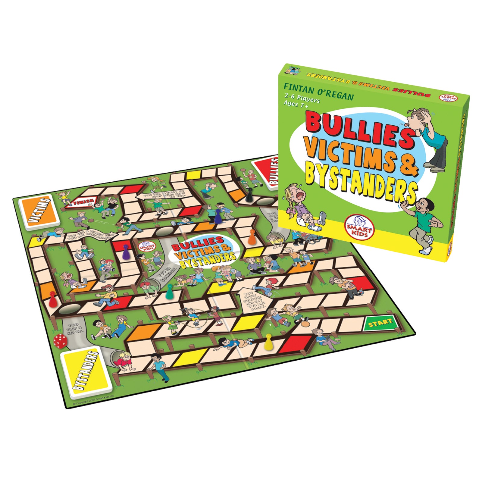 Bullies, Victims & Bystanders board game by Fintan O'Regan, showing game board with illustrated children in various scenarios and a colorful game box