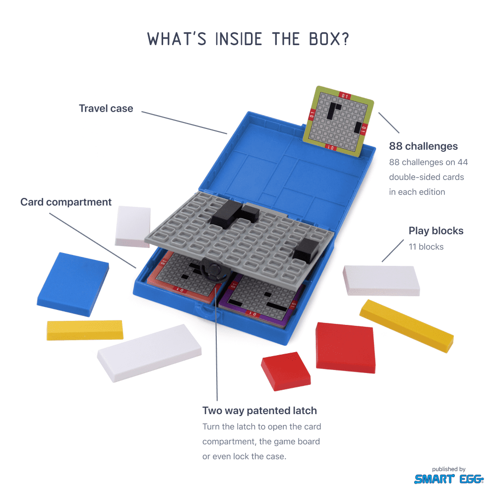 Mondrian Blocks Blue Edition travel case with game board, challenge cards, and colorful play blocks
