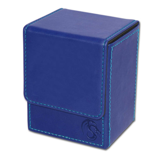 Blue padded leatherette deck case with cyan stitching and closure flap, designed for card storage