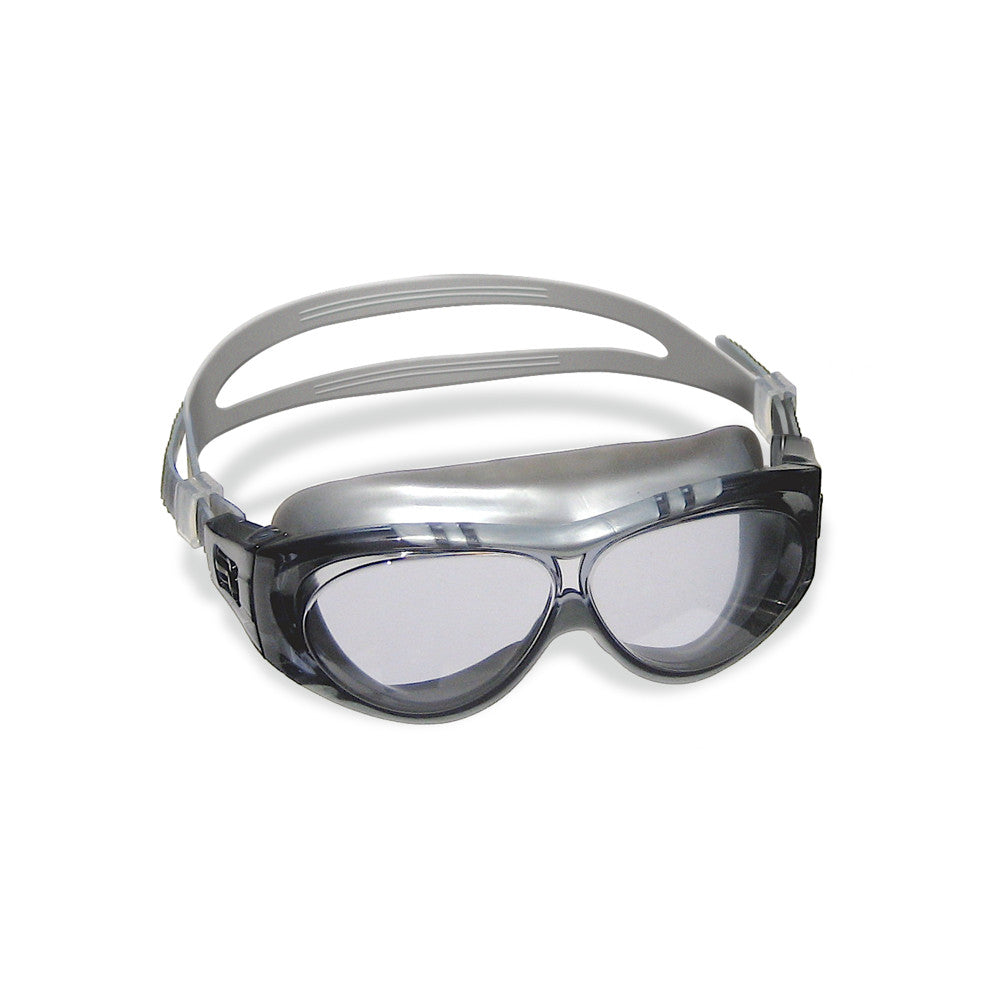 Black and gray kids' swimming goggles with clear lenses and adjustable gray straps on plain background