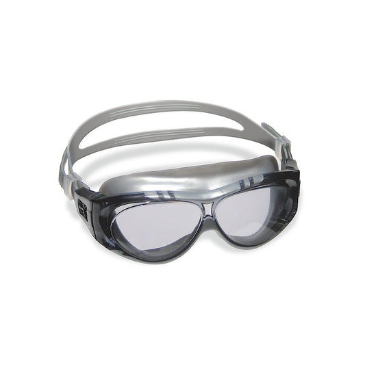 Black and gray kids' swimming goggles with clear lenses and adjustable gray straps on plain background