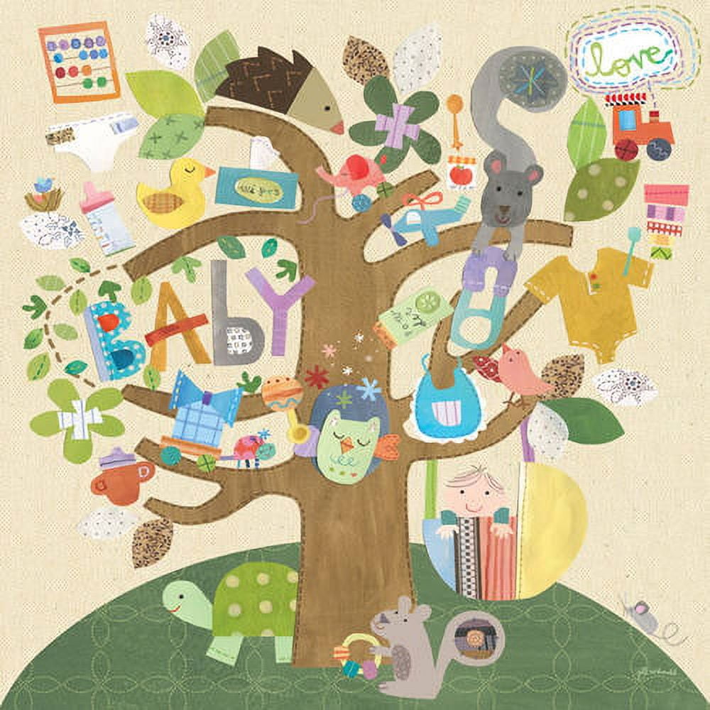 Illustrated tree with brown trunk and green foliage decorated with colorful toys, animals, clothing, books, and play items among the branches and roots