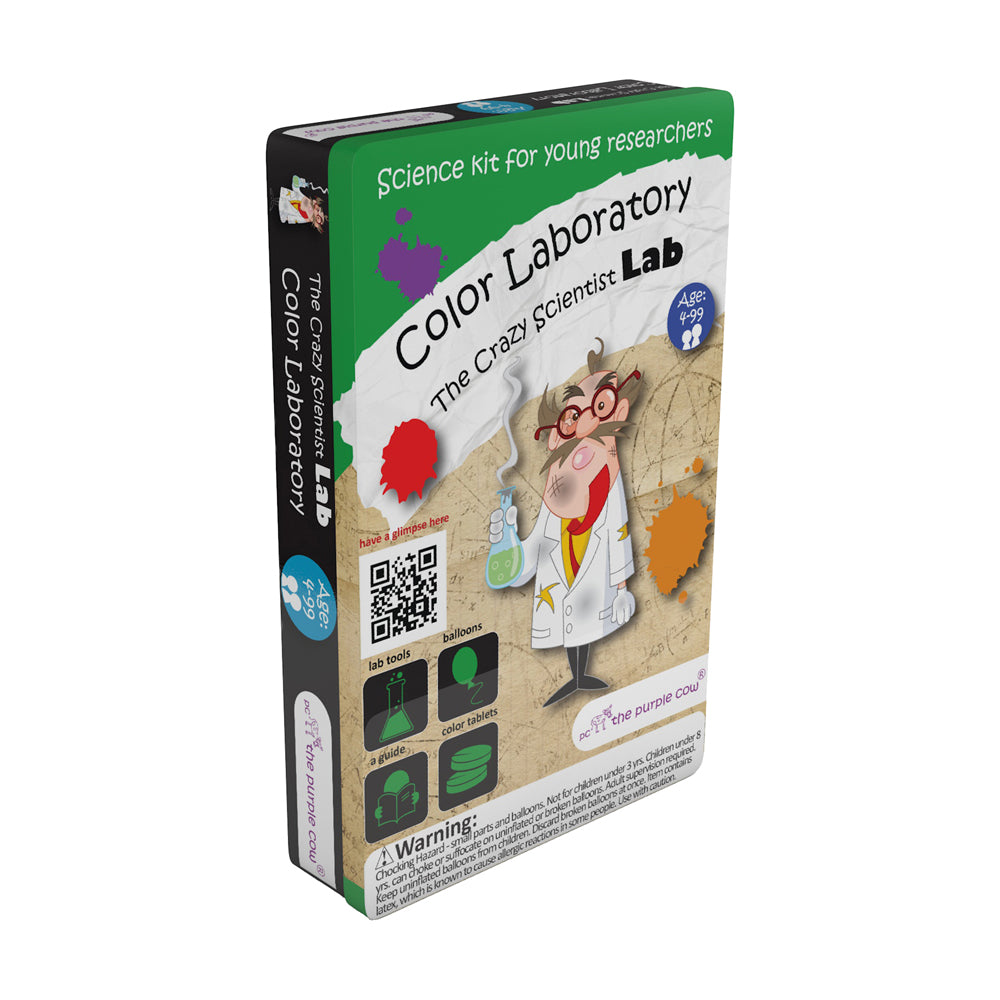 The Crazy Scientist Lab Color Laboratory science kit box featuring a cartoon scientist character with color-mixing experiments, ages 4-99