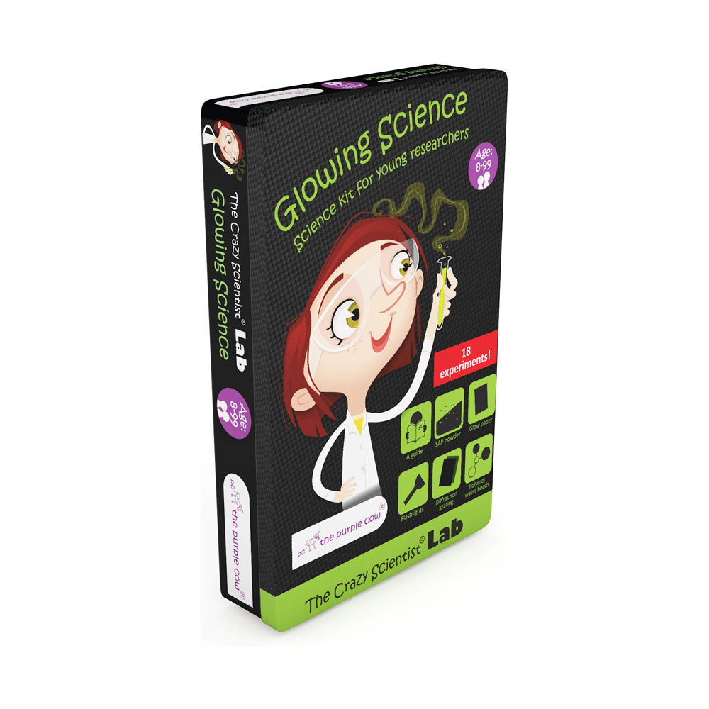 The Crazy Scientist's Lab Glowing Science kit box featuring cartoon scientist with red hair holding glowing test tube, black and green packaging, 18 experiments