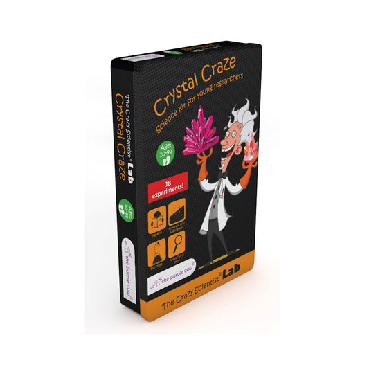 Crystal Craze science kit box featuring cartoon scientist character holding pink crystal, age 10-29, 18 experiments, The Crazy Scientist Lab