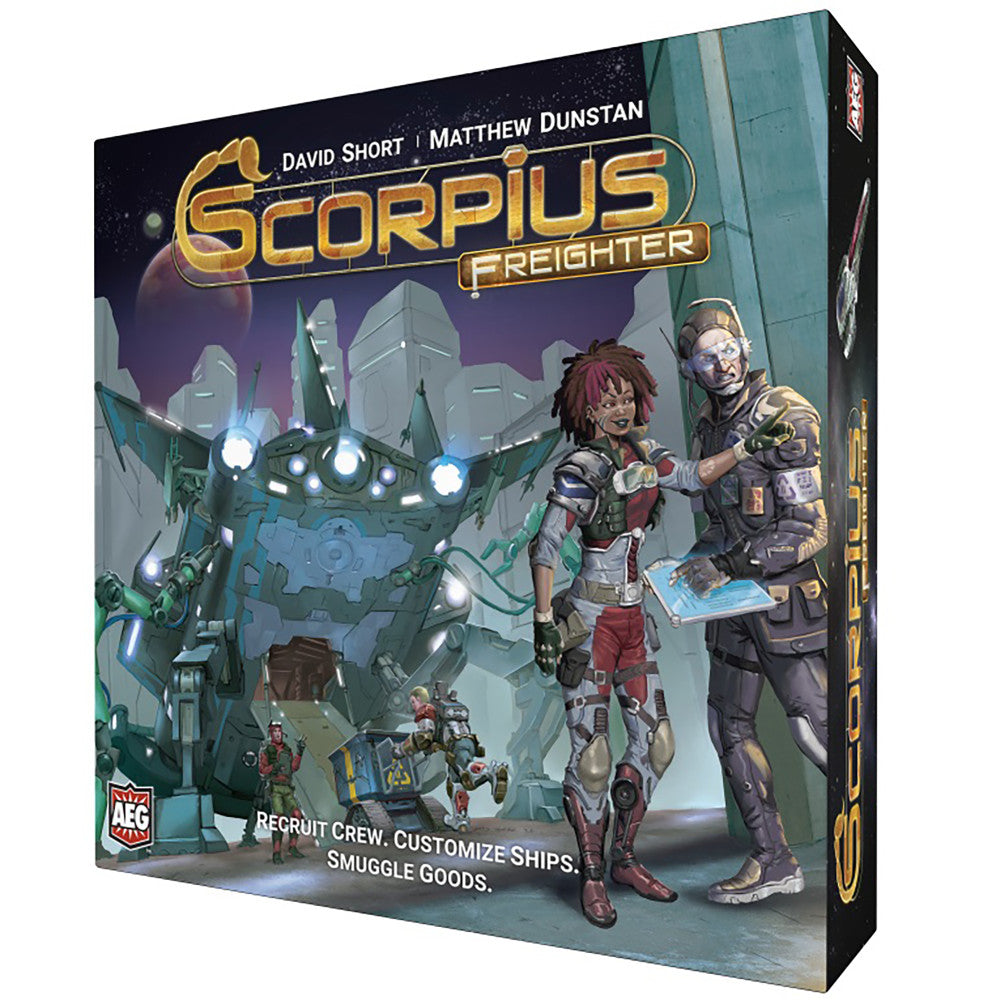 Scorpius Freighter board game box featuring sci-fi characters and a large robotic ship, with text by David Short and Matthew Dunstan
