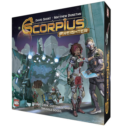 Scorpius Freighter board game box featuring sci-fi characters and a large robotic ship, with text by David Short and Matthew Dunstan