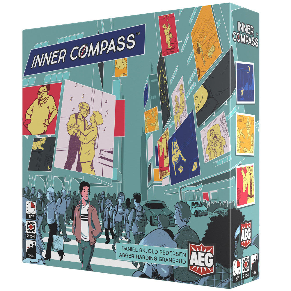 Inner Compass board game box showing illustrated urban street scene with diverse crowd and large colorful posters on buildings
