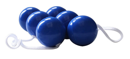 Five glossy blue bounce balls connected by white string with loop handles on each end