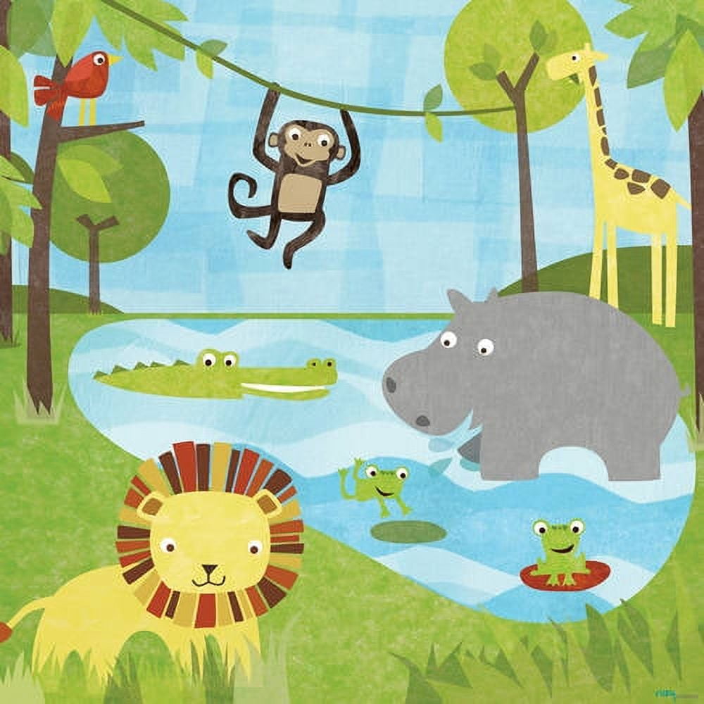 Illustrated safari scene with lion, monkey, giraffe, hippopotamus, crocodiles, frogs, red parrot, and yellow snake in jungle setting with trees and water