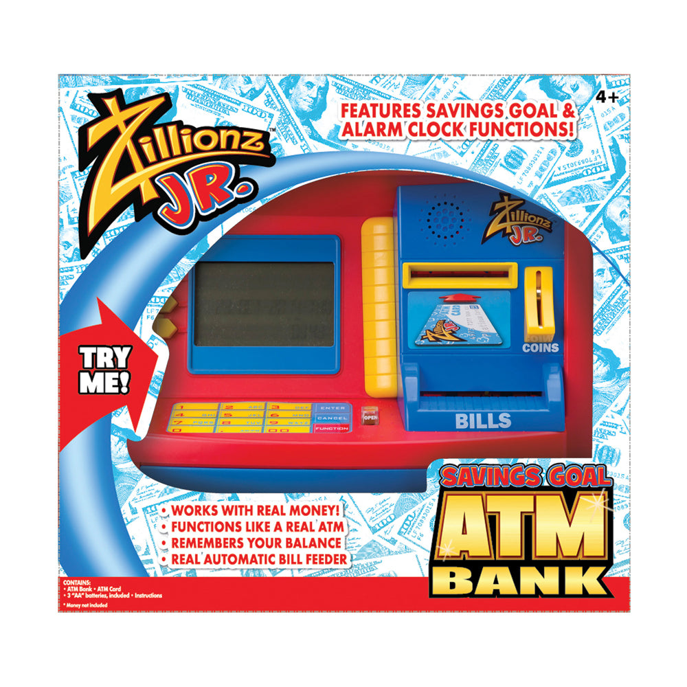 Zillionz Jr. Deluxe Savings Goal ATM Bank with red and blue plastic housing, coin and bill slots, display screen, and alarm clock functions