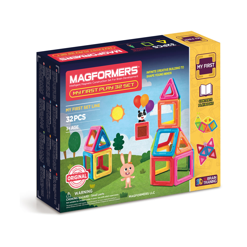 Magformers My First Play 32 Set box showing colorful magnetic building pieces, assembled structures including a tower, and a character with balloons on a grassy
