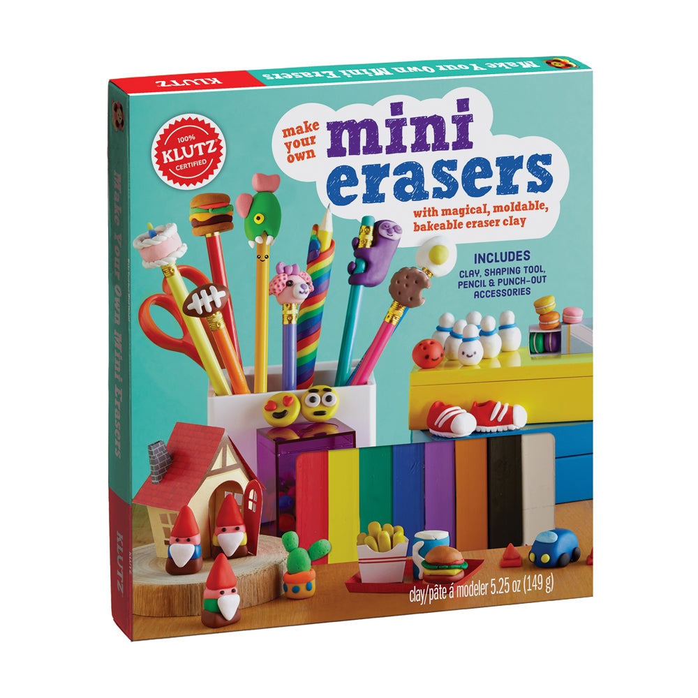 Klutz Make Your Own Mini Erasers craft kit box showing colorful moldable clay, pencil-shaped erasers, shaping tools, and finished mini eraser designs including