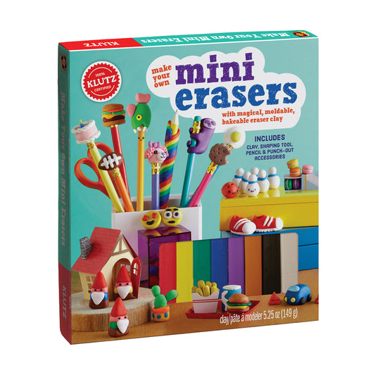Klutz Make Your Own Mini Erasers craft kit box showing colorful moldable clay, pencil-shaped erasers, shaping tools, and finished mini eraser designs including