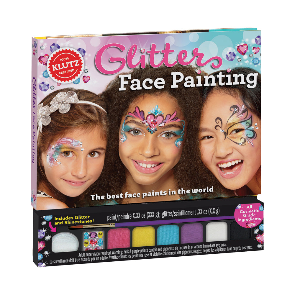 Klutz Glitter Face Painting kit box showing three children with colorful glitter face paint designs, includes paint colors and rhinestones