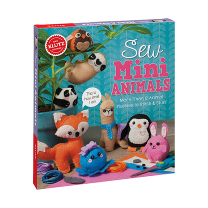 Sew Mini Animals craft kit box showing completed felt plushies including sloth, panda, penguin, fox, llama, and octopus with colorful thread and sewing supplies