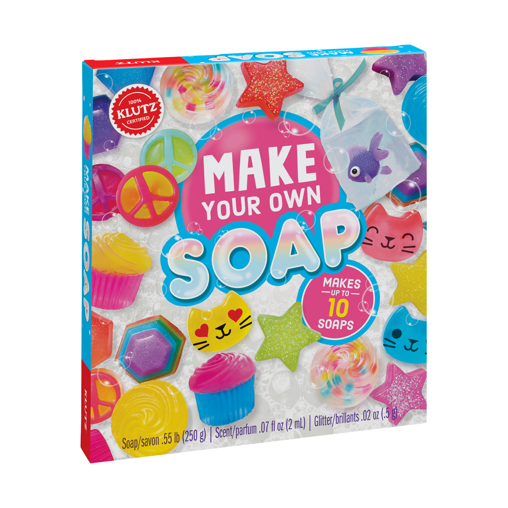 Klutz Make Your Own Soap Kit box showing colorful soap-making supplies including peace sign and cat-shaped molds, glitter, and scent, makes up to 10 soaps