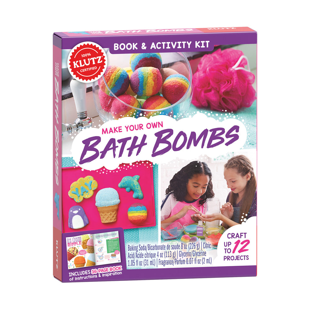 Klutz Make Your Own Bath Bombs kit box showing colorful rainbow bath bombs in a bowl, craft examples, and two children modeled making bath bombs together