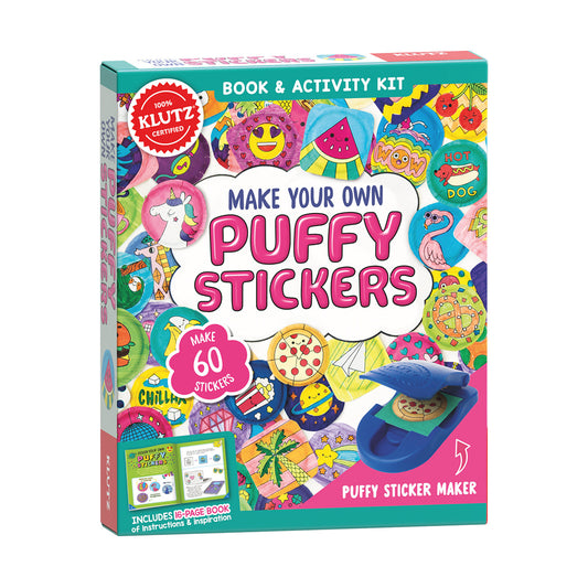 Klutz Make Your Own Puffy Stickers book and activity kit box with puffy sticker maker tool and colorful sticker designs displayed