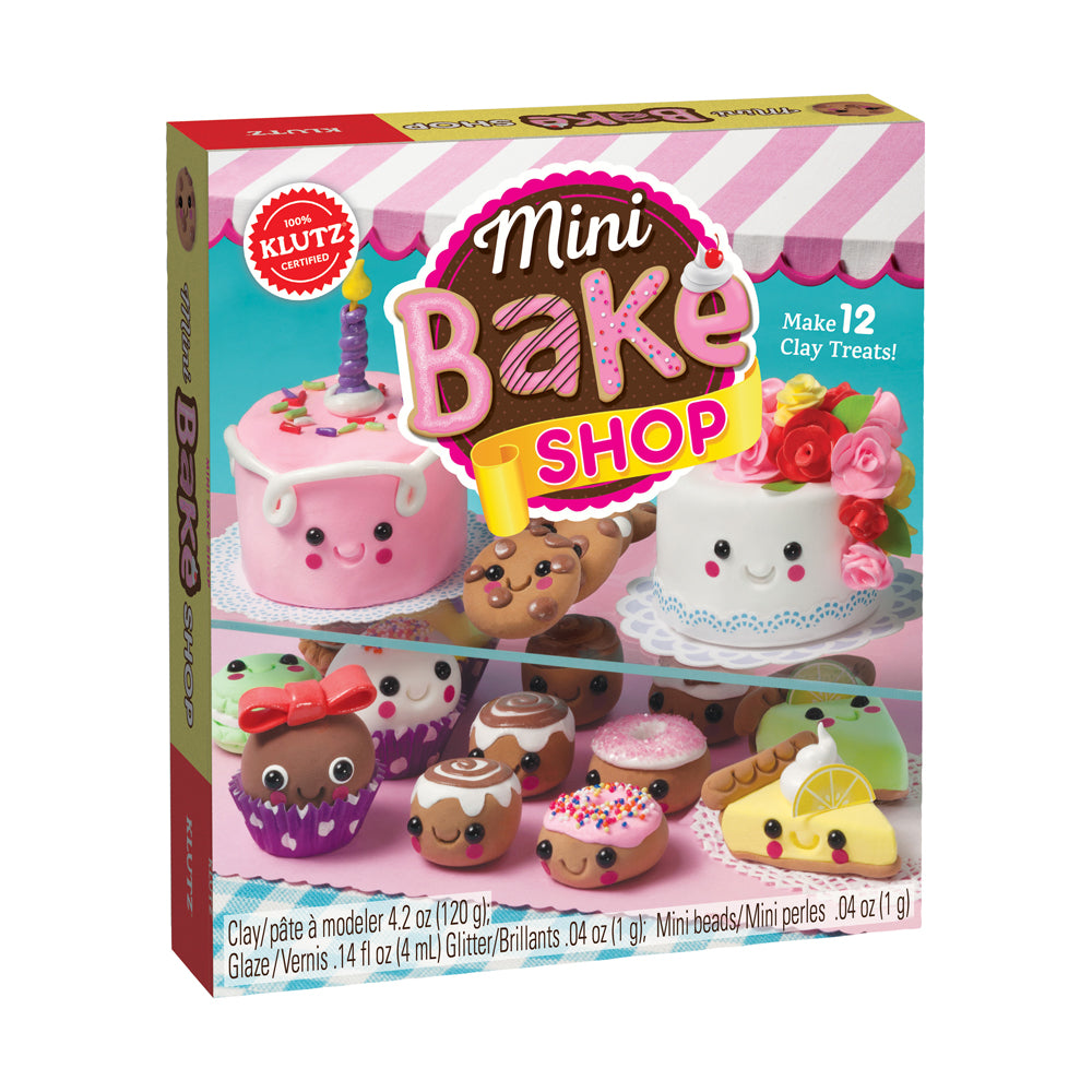 Klutz Mini Bake Shop Clay Craft Kit box showing colorful clay treats including cakes, cupcakes, cookies, and pastries with smiling faces, advertises making 12 c
