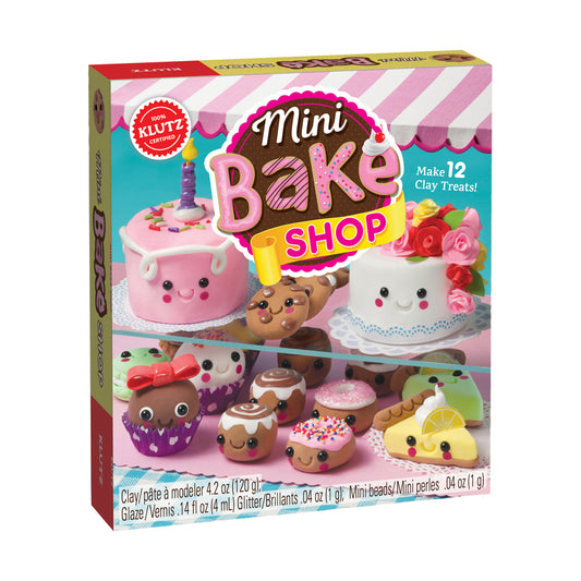 Klutz Mini Bake Shop Clay Craft Kit box showing colorful clay treats including cakes, cupcakes, cookies, and pastries with smiling faces, advertises making 12 c