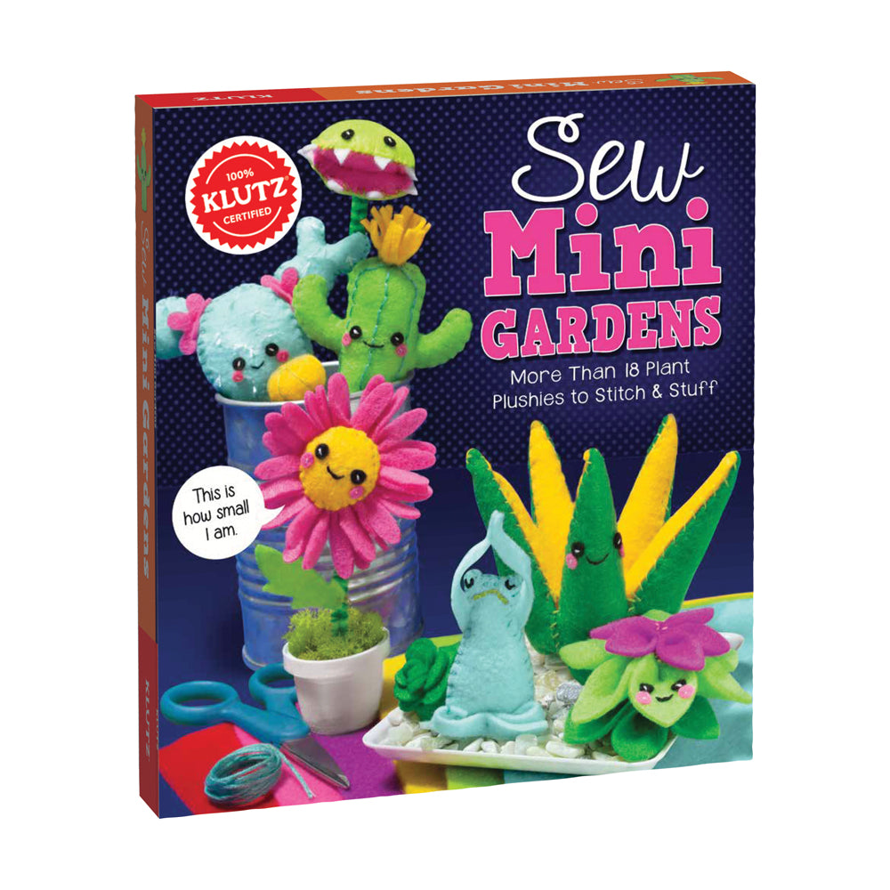 Sew Mini Gardens craft kit box showing colorful felt plant plushies including a cactus, flower, and succulent with stitching supplies
