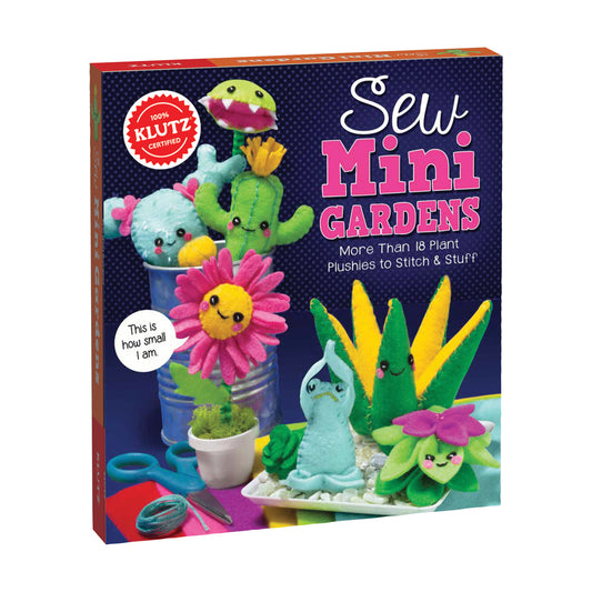 Sew Mini Gardens craft kit box showing colorful felt plant plushies including a cactus, flower, and succulent with stitching supplies