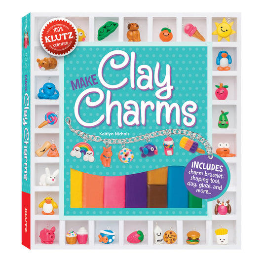 Make Clay Charms craft kit box by Klutz showing colorful clay, charm bracelet, finished clay charm examples, and Klutz Certified seal