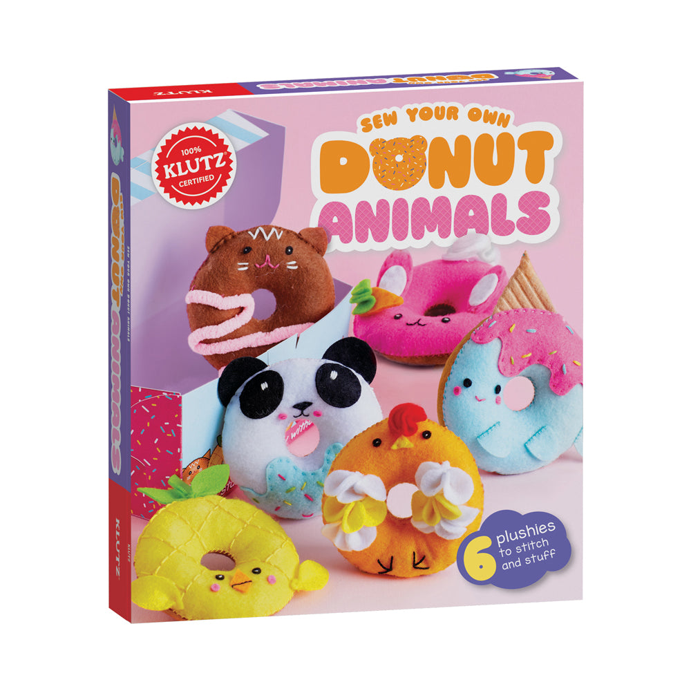 Klutz Sew Your Own Donut Animals craft kit box showing six colorful plush donut-shaped animals with embroidered faces in brown, pink, white, blue, yellow, and o