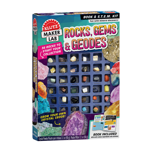 Klutz Maker Lab Rocks, Gems & Geodes Book & S.T.E.M. Kit box showing 36 specimen collection trays with various rocks and gems, crystal growing materials, and in