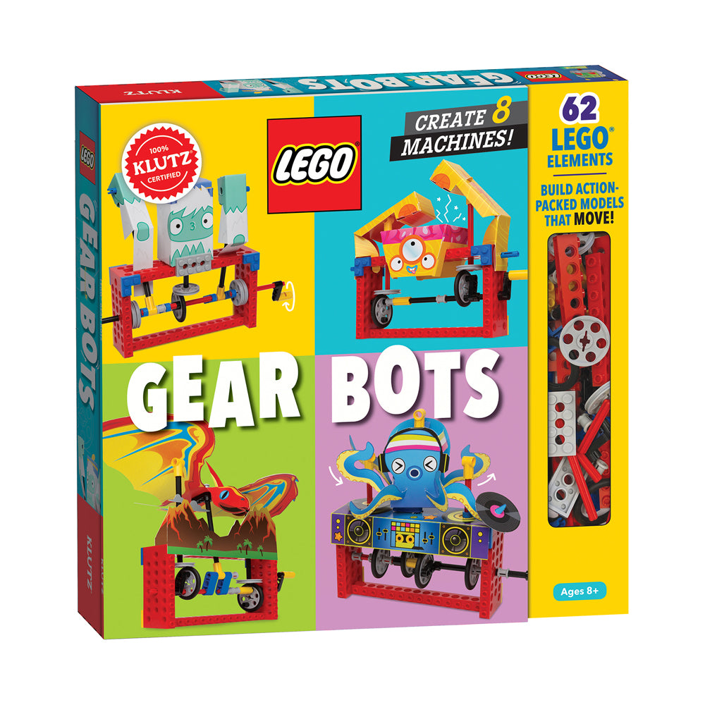 LEGO Gear Bots building set box featuring colorful robot and machine designs with gears, 62 LEGO elements, create 8 machines, ages 8+