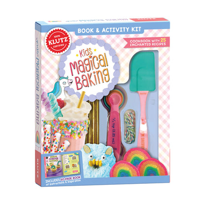 Klutz Kids Magical Baking Book & Activity Kit with 60-page cookbook, measuring spoons, spatula, mixing spoon, pretzel twine, rainbow-frosted cookies, and blue f