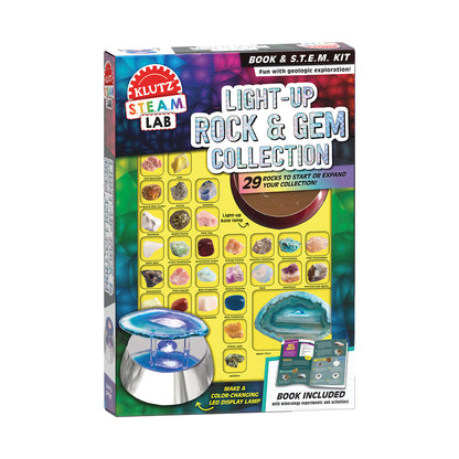 Klutz Steam Lab Light-Up Rock & Gem Collection box showing 29 rock and gem specimens, color-changing LED display lamp, and included educational book