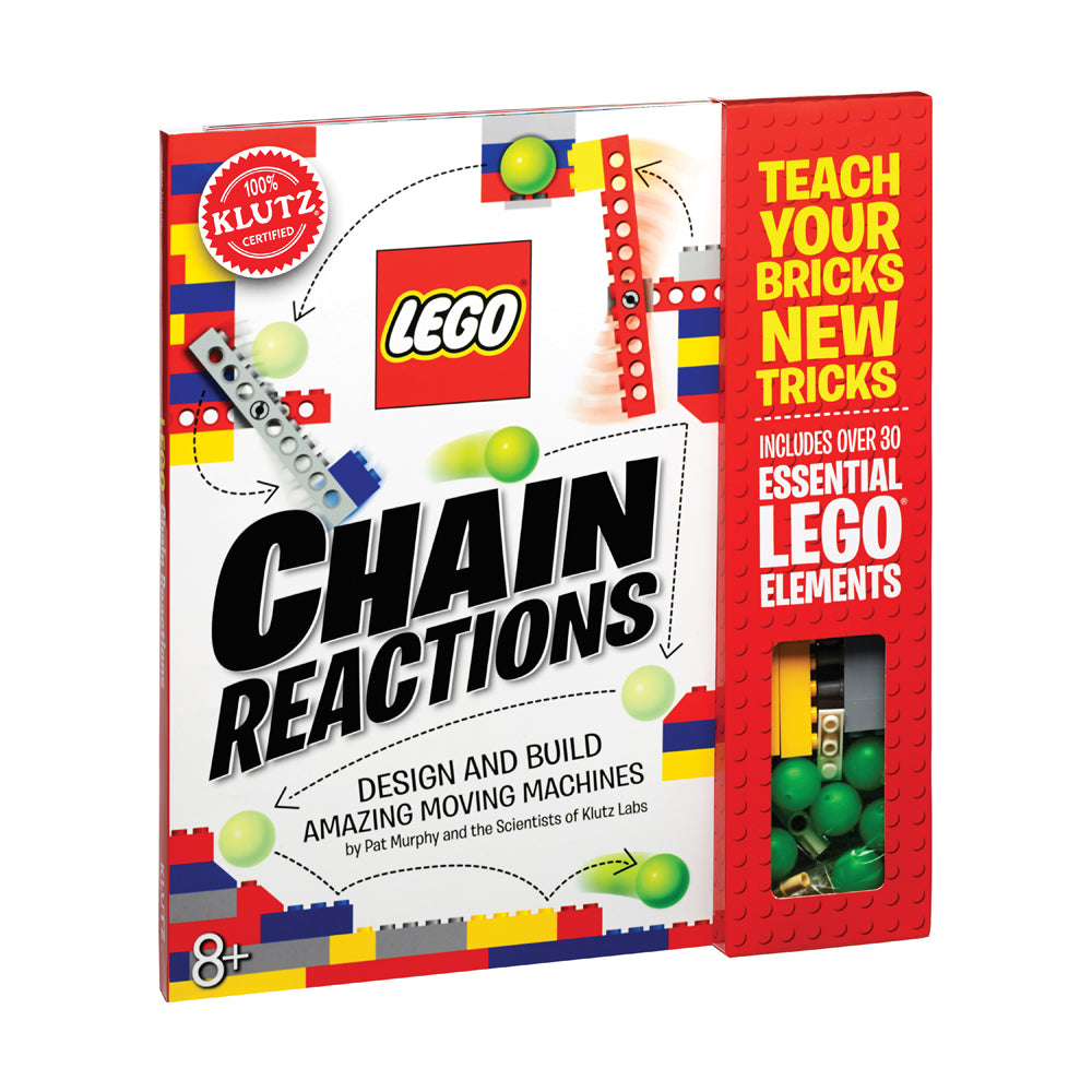 LEGO Chain Reactions building set box showing colorful LEGO bricks, instruction book with yellow and red cover, and window display of included green and yellow