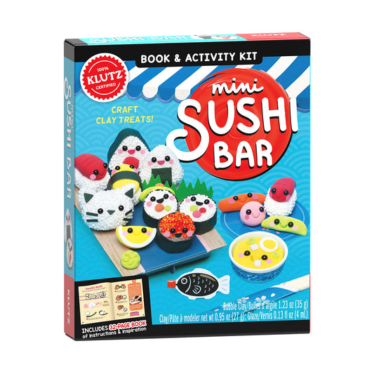 Klutz Mini Sushi Bar Book & Activity Kit box showing colorful clay sushi pieces and fish with smiling faces, includes 32-page instruction book
