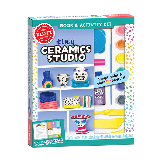 Klutz Tiny Ceramics Studio Book & Activity Kit box showing pottery wheel, sculpting tools, paint colors, and finished ceramic projects including rainbow pot and