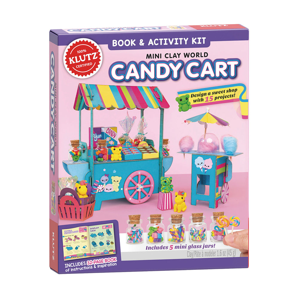 Klutz Mini Clay World Candy Cart Book & Activity Kit showing colorful clay cart and cotton candy stand with mini clay figures, includes 5 glass jars and 32-page