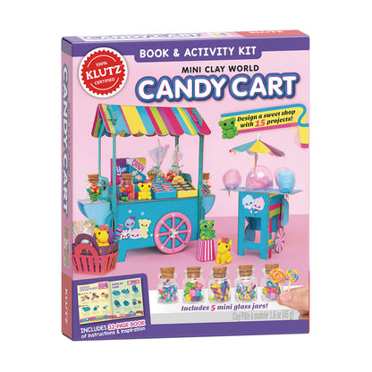Klutz Mini Clay World Candy Cart Book & Activity Kit showing colorful clay cart and cotton candy stand with mini clay figures, includes 5 glass jars and 32-page