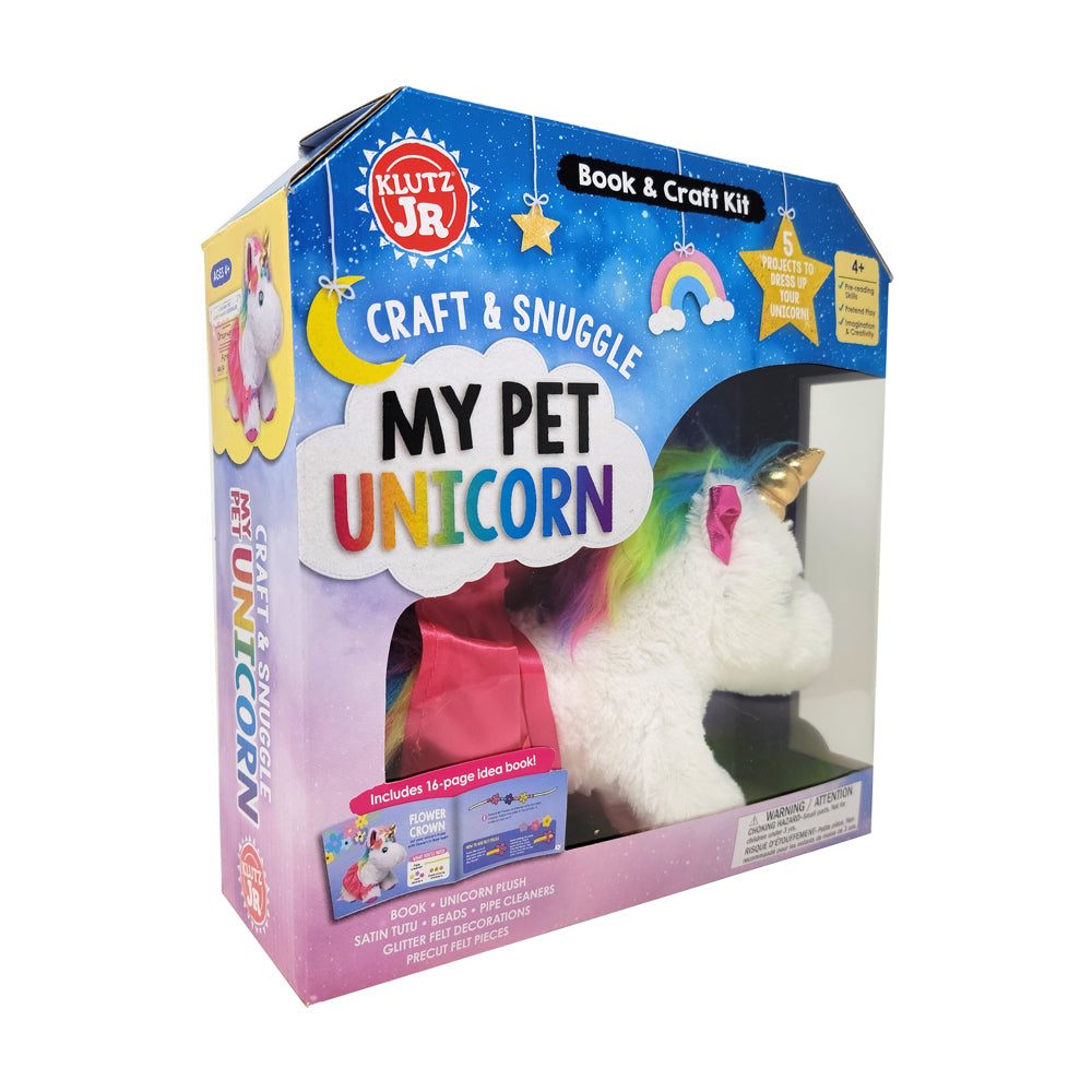 Klutz Jr. Craft & Snuggle My Pet Unicorn book and craft kit box with white plush unicorn, rainbow mane, gold horn, and included 16-page idea book
