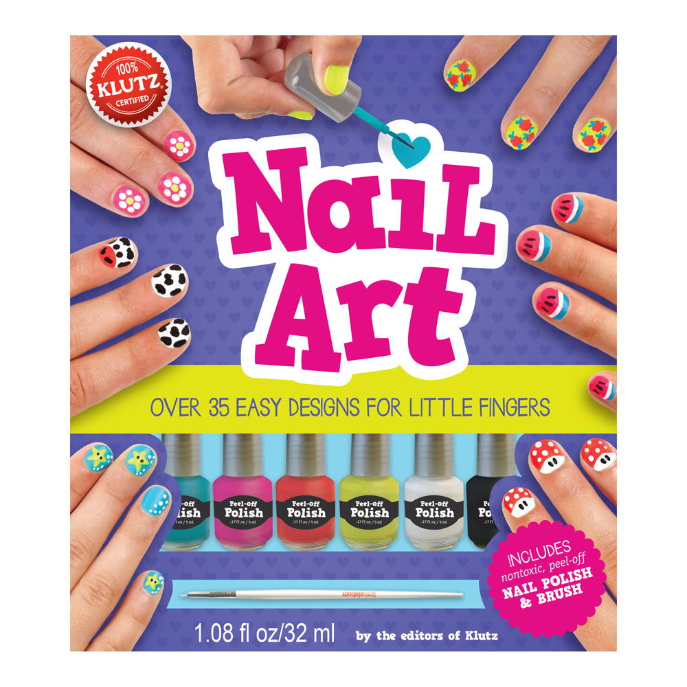 Klutz Nail Art kit box showing colorful nail designs on children's hands, six peel-off polish bottles, brush, and nail art tool