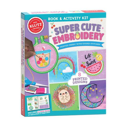 Klutz Super Cute Embroidery Book & Activity Kit box showing printed fabric designs with guided stitches, including fruit and animal motifs, with embroidery hoop