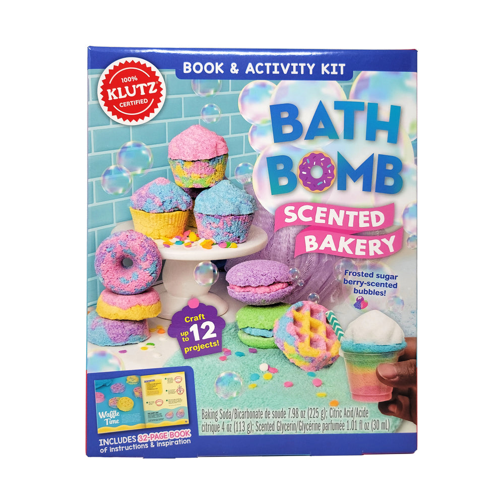 Klutz Bath Bomb Scented Bakery Book & Activity Kit package showing colorful fizzy bath bombs styled like cupcakes and donuts with craft supplies
